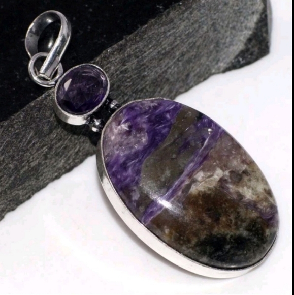 Charoite and Amethyst Gemstone 925 Sterling Silver Handmade Pendant Necklace - Picture 1 of 4